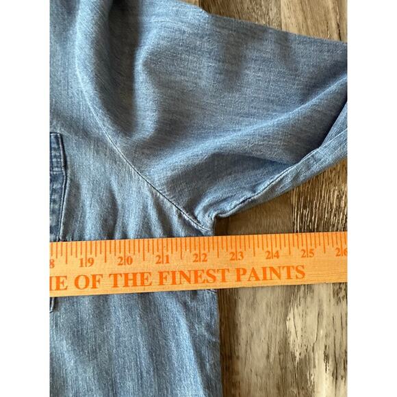 Cato Chambray Pearl Snap Top Size Large Roll Tab Sleeve Coastal Cowgirl Western - Picture 4 of 10